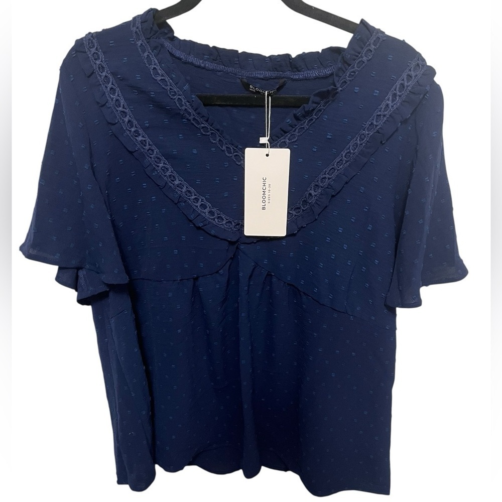 BloomChic Navy Blue Swiss Dot Blouse with Ruffled Sleeves. Size 12. NWT